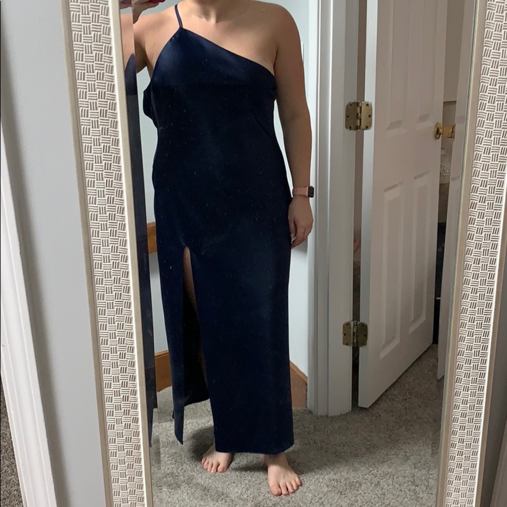 Single strapped navy floor length dress with slit